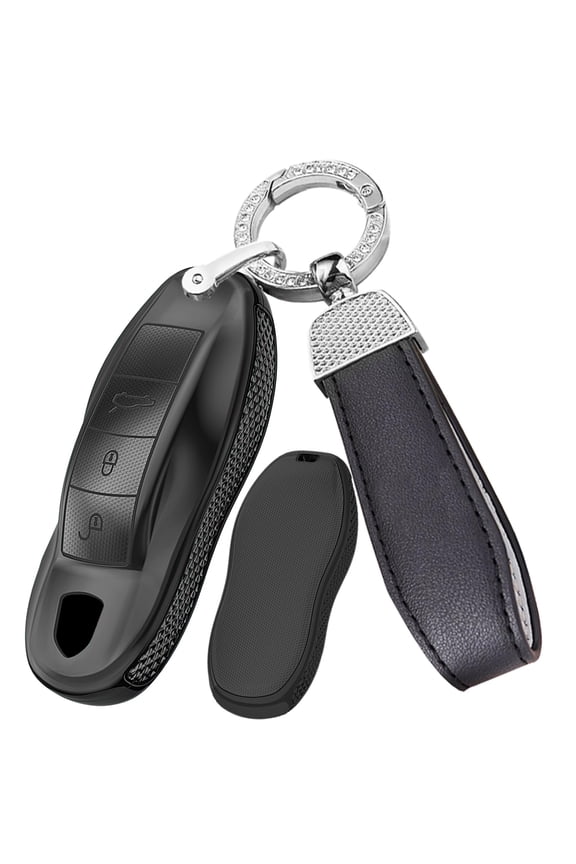 Plating Smart Key Fob Cover Compatible with Porsche Macan 2024 2017 Cayenne Panamera 911 Keyless Key Shell with Leather Keychain