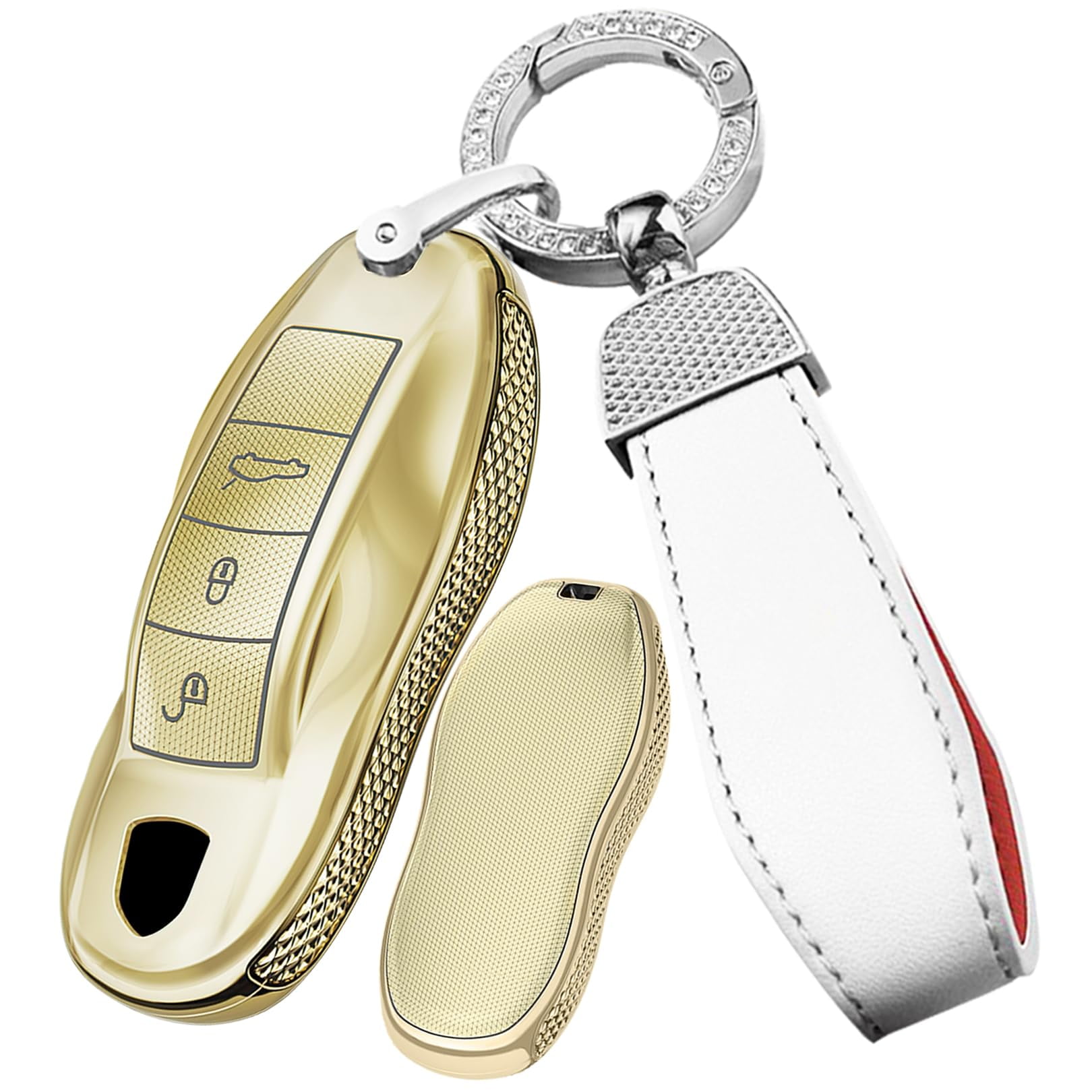 Genuine Leather Key Fob Cover For Porsche - Fits Panamera, 911, Cayenne, Macan (Model-A White)