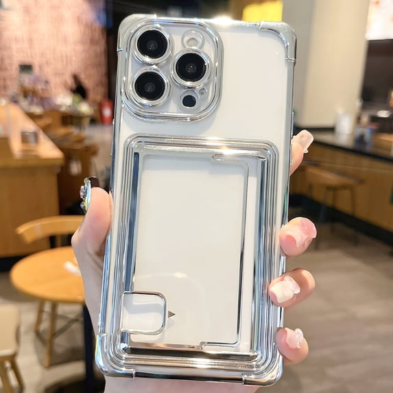 Plating Transparent Wallet Phone Case for iPhone 12 Pro Max, Clear Card Slot Slim Fit Protective Soft TPU Shockproof Wallet Back Cover with Cute Card Holder Pocket for iPhone 12 Pro Max, Silver