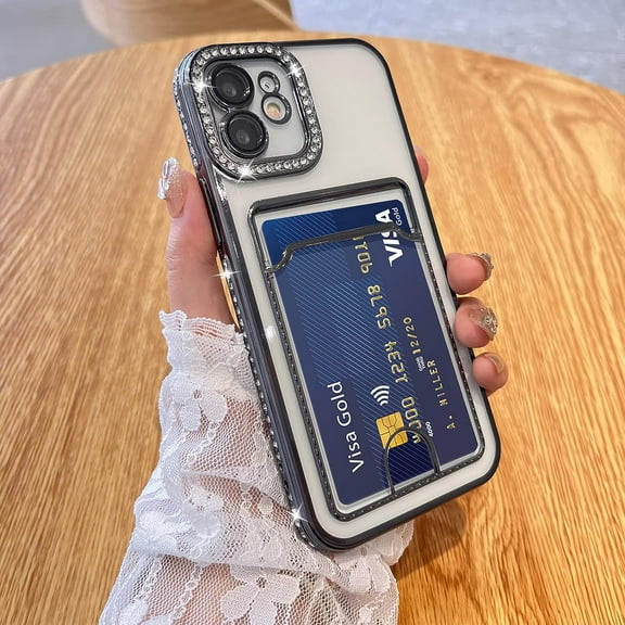 Plating Wallet for iPhone 11 Case, Bling Glitter Diamond Card Holder Camera Protection Luxury Cover + 2* Screen Protector, Card Slot Case Elegant iPhone 11 Phone Case -Black