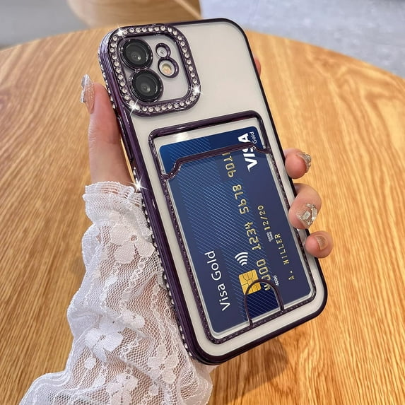 Plating Wallet for iPhone 12 Case, Bling Glitter Diamond Card Holder Camera Protection Luxury Cover + 2* Screen Protector, Card Slot Case Elegant iPhone 12 Phone Case -Purple