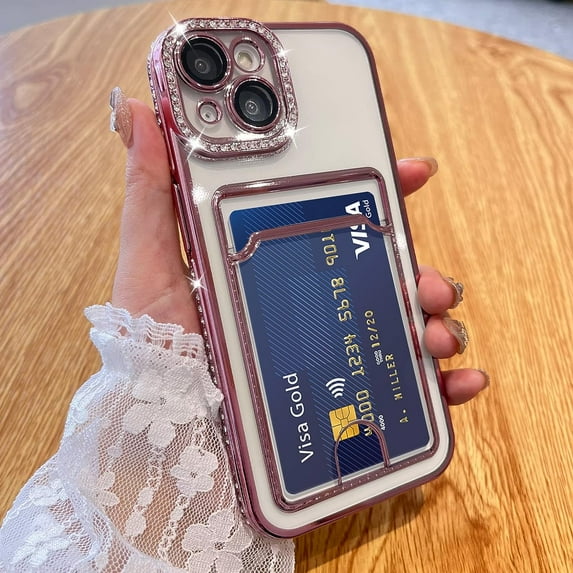 Plating Wallet for iPhone 13 Case, Bling Glitter Diamond Card Holder Camera Protection Luxury Cover + 2* Screen Protector, Card Slot Case Elegant iPhone 13 Phone Case -Pink