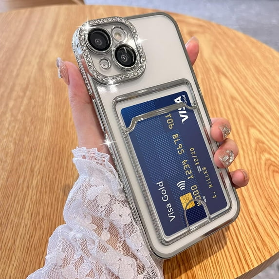 Plating Wallet for iPhone 13 Case, Bling Glitter Diamond Card Holder Camera Protection Luxury Cover + 2* Screen Protector, Card Slot Case Elegant iPhone 13 Phone Case -White