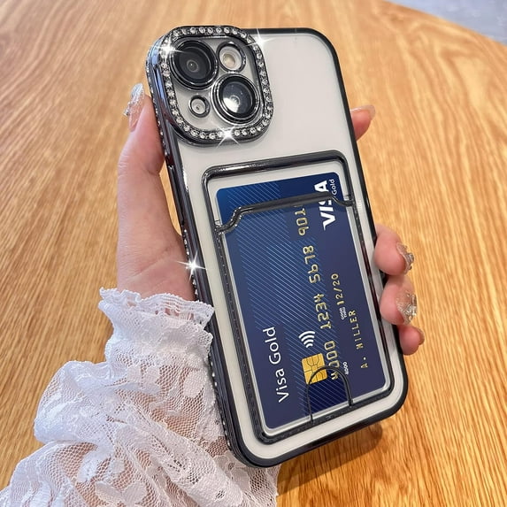 Plating Wallet for iPhone 13 Case, Bling Glitter Diamond Card Holder Camera Protection Luxury Cover + 2* Screen Protector, Card Slot Case Elegant iPhone 13 Phone Case -Black