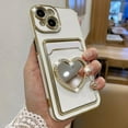 thumbnail image 1 of Plating Wallet for iPhone 13 Case, Plating Love Heart Mirror Card Holder Camera Protection Luxury Cover + 2* Screen Protector, Card Slot Case Elegant iPhone 13 Phone Case -White, 1 of 12
