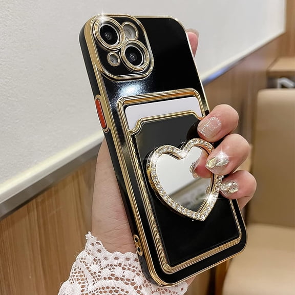 Plating Wallet for iPhone 13 Case, Plating Love Heart Mirror Card Holder Camera Protection Luxury Cover + 2* Screen Protector, Card Slot Case Elegant iPhone 13 Phone Case -Black