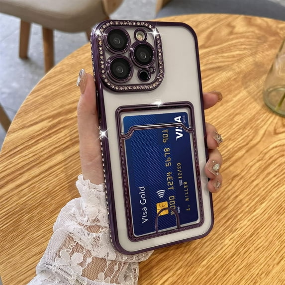 Plating Wallet for iPhone 13 Pro Case, Bling Glitter Diamond Card Holder Camera Protection Luxury Cover + 2* Screen Protector, Card Slot Case Elegant iPhone 13 Pro Phone Case -Purple