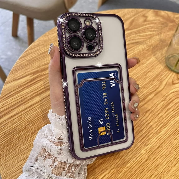 Plating Wallet for iPhone 13 Pro Case, Bling Glitter Diamond Card Holder Camera Protection Luxury Cover + 2* Screen Protector, Card Slot Case Elegant iPhone 13 Pro Phone Case -Purple