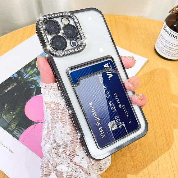 Plating Wallet for iPhone 13 Pro Max Case, Bling Glitter Diamond Card Holder Camera Protection Luxury Cover + 2* Screen Protector, Card Slot Case Elegant iPhone 13 Pro Max Phone Case -Black