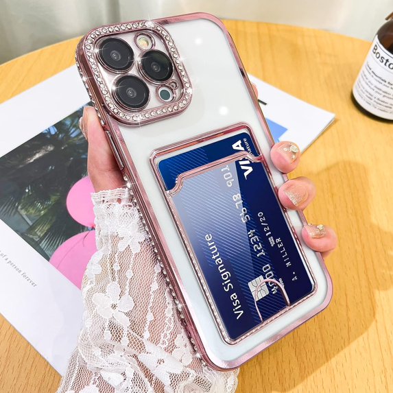 Plating Wallet for iPhone 13 Pro Max Case, Bling Glitter Diamond Card Holder Camera Protection Luxury Cover + 2* Screen Protector, Card Slot Case Elegant iPhone 13 Pro Max Phone Case -Pink