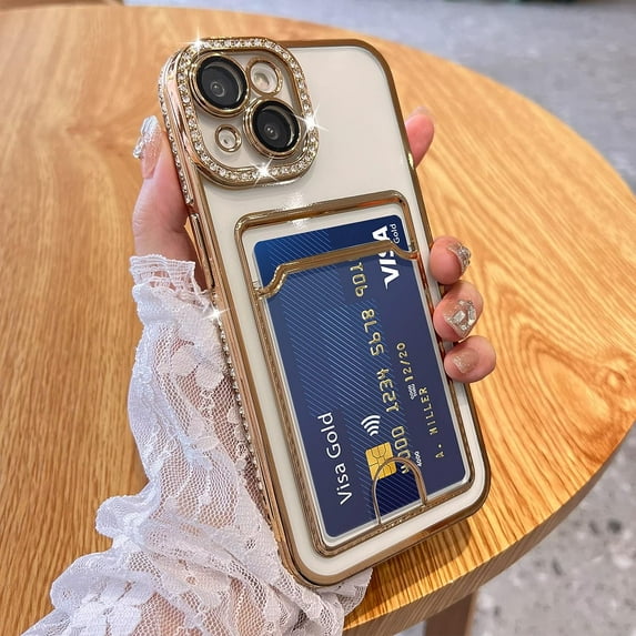 Plating Wallet for iPhone 14 Case, Bling Glitter Diamond Card Holder Camera Protection Luxury Cover + 2* Screen Protector, Card Slot Case Elegant iPhone 14 Phone Case -Gold