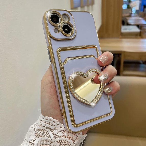 Plating Wallet for iPhone 14 Case, Plating Love Heart Mirror Card Holder Camera Protection Luxury Cover + 2* Screen Protector, Card Slot Case Elegant iPhone 14 Phone Case -Purple