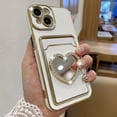 thumbnail image 1 of Plating Wallet for iPhone 14 Case, Plating Love Heart Mirror Card Holder Camera Protection Luxury Cover + 2* Screen Protector, Card Slot Case Elegant iPhone 14 Phone Case -White, 1 of 6