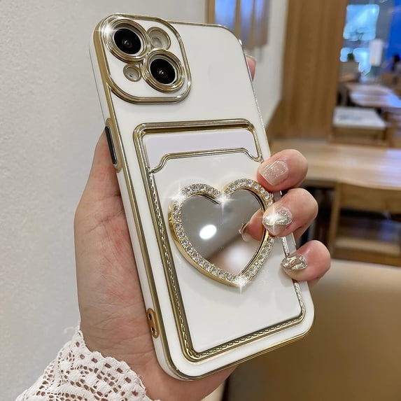 Plating Wallet for iPhone 14 Case, Plating Love Heart Mirror Card Holder Camera Protection Luxury Cover + 2* Screen Protector, Card Slot Case Elegant iPhone 14 Phone Case -White