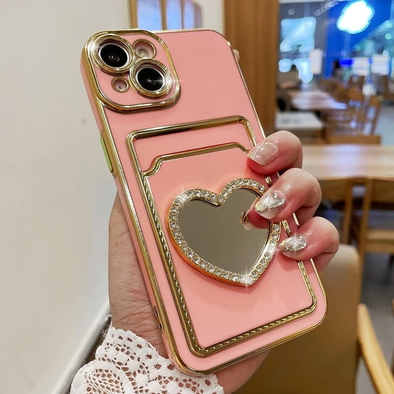 Plating Wallet for iPhone 14 Case, Plating Love Heart Mirror Card Holder Camera Protection Luxury Cover + 2* Screen Protector, Card Slot Case Elegant iPhone 14 Phone Case -Pink