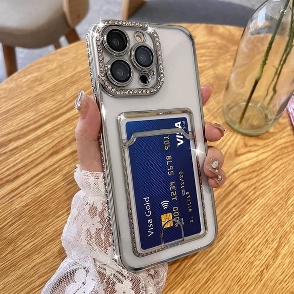 Plating Wallet for iPhone 14 Pro Case, Bling Glitter Diamond Card Holder Camera Protection Luxury Cover + 2* Screen Protector, Card Slot Case Elegant iPhone 14 Pro Phone Case -White
