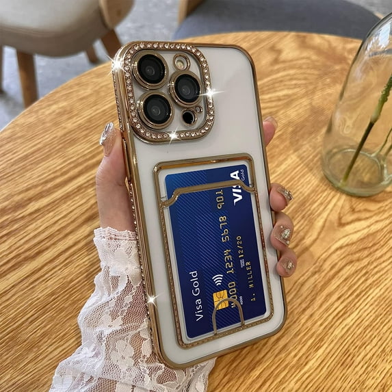 Plating Wallet for iPhone 14 Pro Case, Bling Glitter Diamond Card Holder Camera Protection Luxury Cover + 2* Screen Protector, Card Slot Case Elegant iPhone 14 Pro Phone Case -Gold
