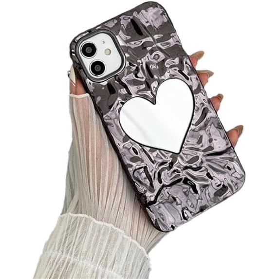 Plating Water Ripple Folds Love Heart Mirror Phone Case Compatible with iPhone Case (Black,iPhone 14 Pro)