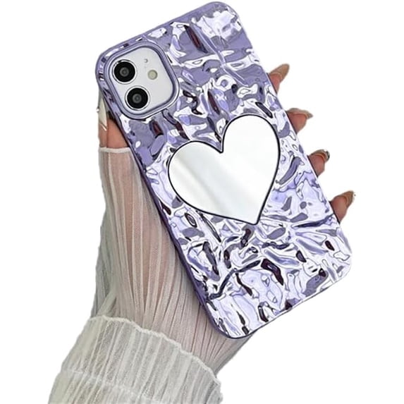 Plating Water Ripple Folds Love Heart Mirror Phone Case Compatible with iPhone Case (Purple,iPhone 14 Plus)
