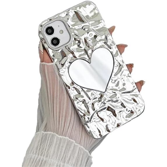 Plating Water Ripple Folds Love Heart Mirror Phone Case Compatible with iPhone Case (Silver,iPhone 15 Pro Max)