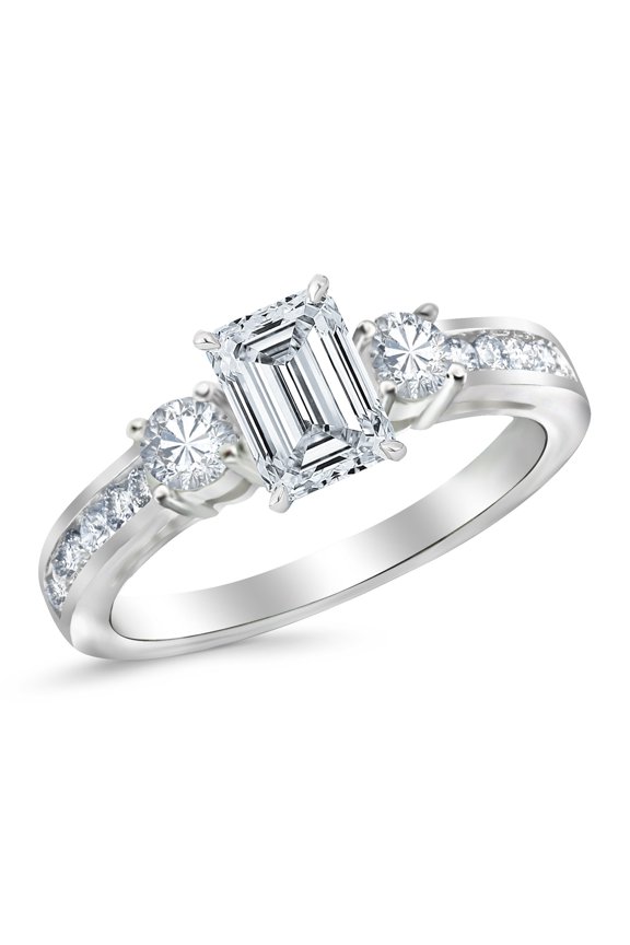Platinum 1.1 CTW Channel Set 3 Three Stone Diamond Engagement Ring w/ 0.5 Ct GIA Certified Emerald Cut H Color IF Clarity Center