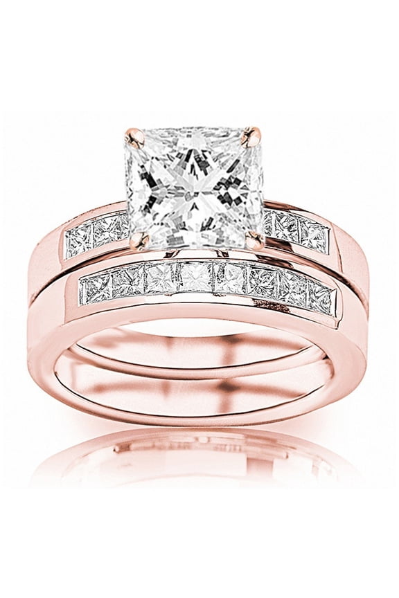 Platinum 1.5 Carat LAB GROWN IGI CERTIFIED DIAMOND Classic Channel Set Princess Cut Princess Cut Diamond Engagement Ring and Wedding Band Set (H-I Color VS1-VS2 Clarity 0.75 Ct Center)