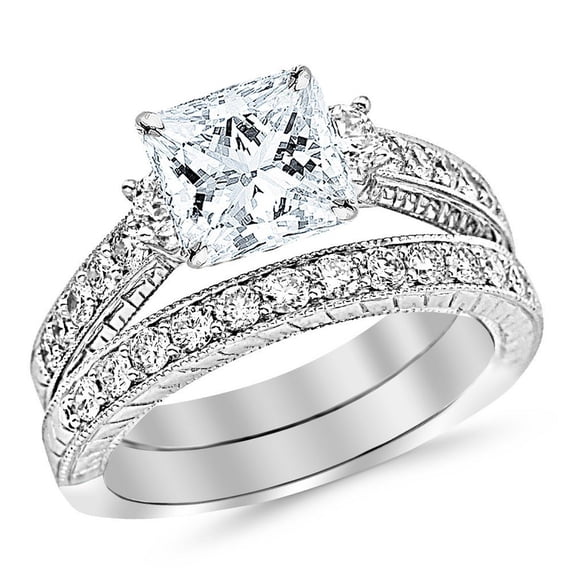Platinum 2 Carat LAB GROWN DIAMOND Three Stone Vintage With Milgrain ...