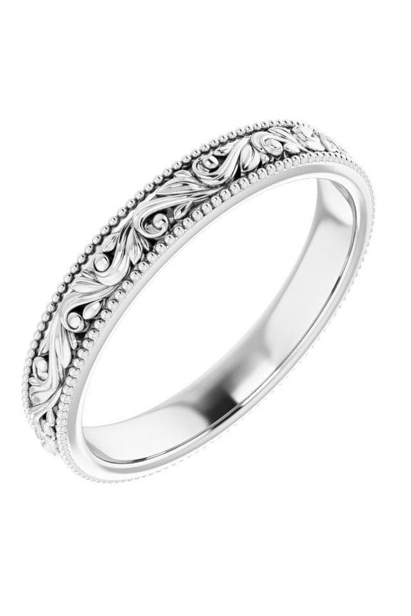 Platinum 3.2 Mm Polished Milgrain Edge Floral Standard-Fit Flat Band, Size 6