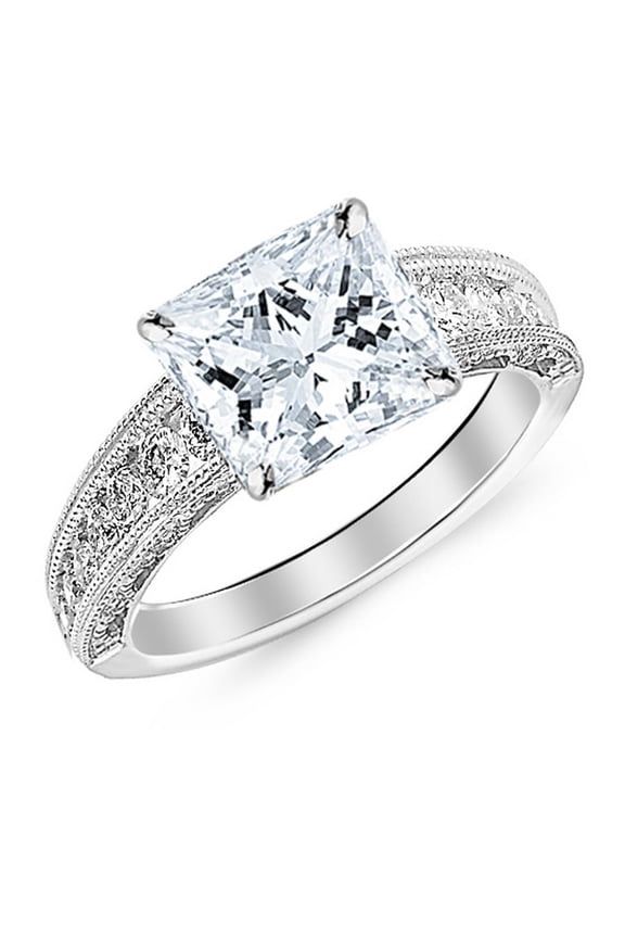 Platinum 3 Carat LAB GROWN IGI CERTIFIED DIAMOND Antique/Vintage Style Channel Set Round Princess Cut Diamond Engagement Ring with Milgrain (I-J Color SI1-SI2 Clarity 2.5 Ct Center)