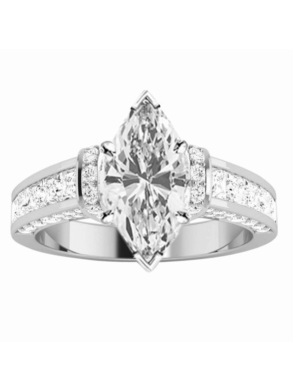 Platinum 3 Carat LAB GROWN IGI CERTIFIED DIAMOND Contemporary Channel Set Princess And Pave Round Cut Marquise Cut Diamond Engagement Ring (I-J Color SI1-SI2 Clarity 2 Ct Center)