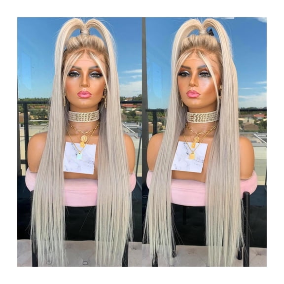 Platinum Ash Blonde Long Straight Lace Front Wig with Brown Roots Pre Plucked Heat Resistant Synthetic Lace Wigs Daily Use