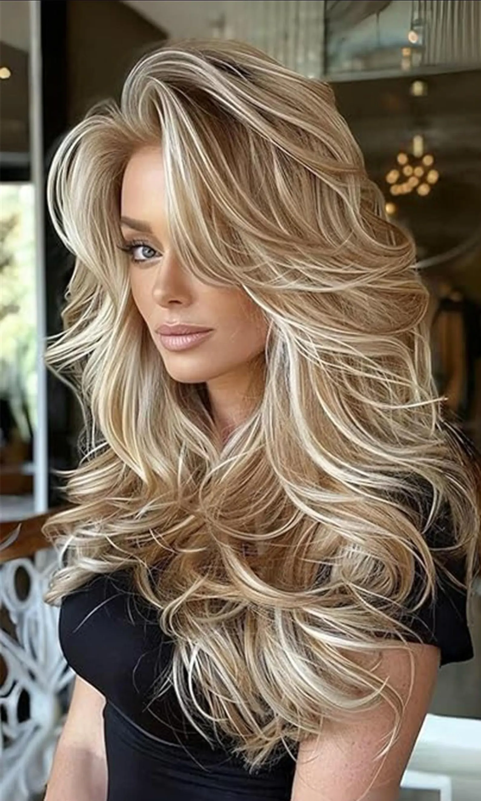 Platinum Blonde Highlight Ombre Light Brown Wig Long Wavy Layererd Wigs with Curtain Bangs for