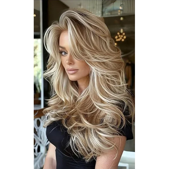 Platinum Blonde Highlight Ombre Light Brown Wig Long Wavy Layererd Wigs with Curtain Bangs for
