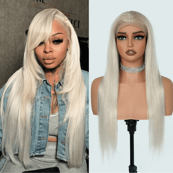 Platinum Blonde Lace Front Wigs Human Hair Pre Plucked #60 Straight Human Hair Wig 13x4 HD Transparent Lace Frontal Wig Glueless Silver Lace Front Wigs for Women 180 Density 26 Inch