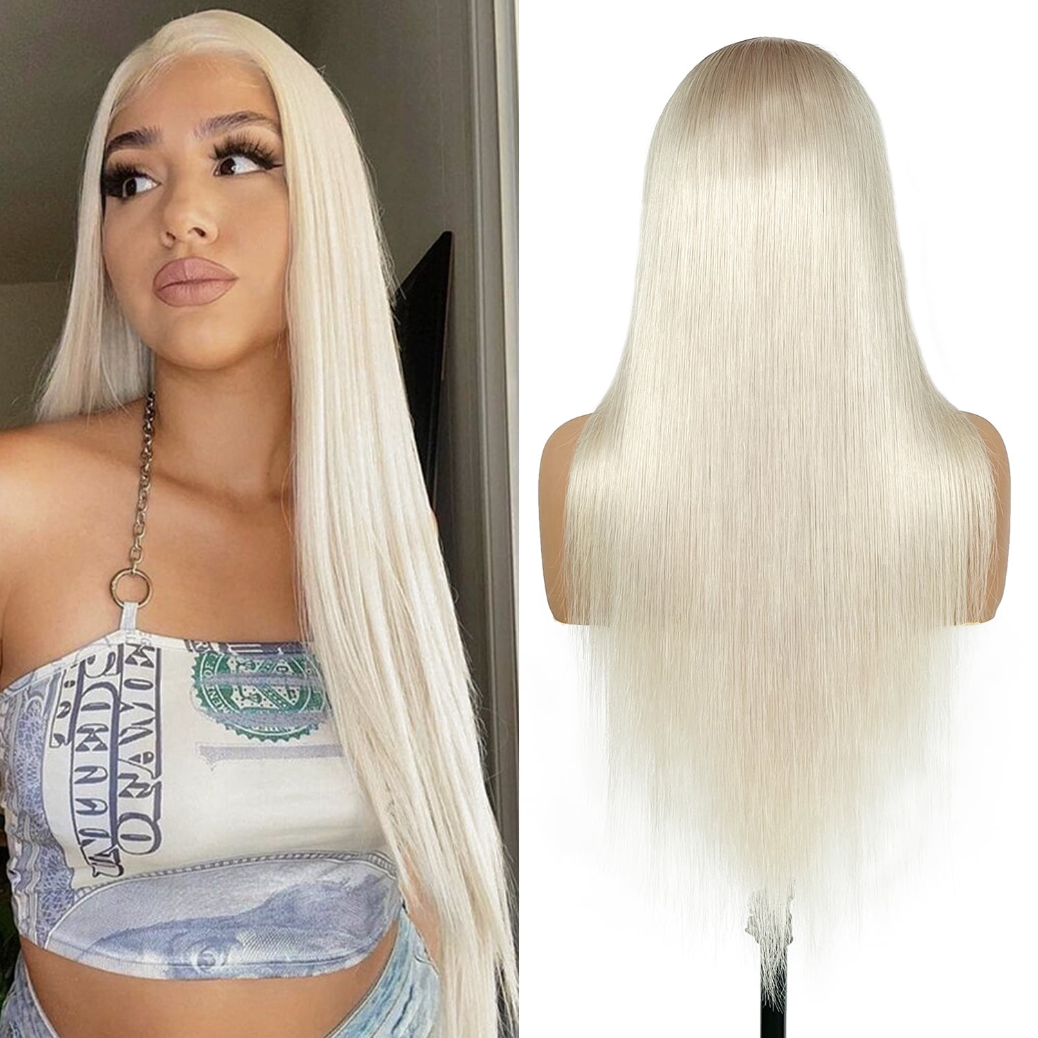 Platinum Blonde Lace Front Wigs Human Hair Pre Plucked #60 Straight Human Hair Wig 13x4 HD Transparent Lace Frontal Wig Glueless Silver Lace Front Wigs for Women 180 Density 24 Inch