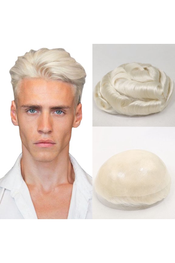 Platinum Blonde Toupee For Man Hair Piece Full Pu Around Base Hair Replacement System Natural Looking Hairline Male Hair Units 6 Inch