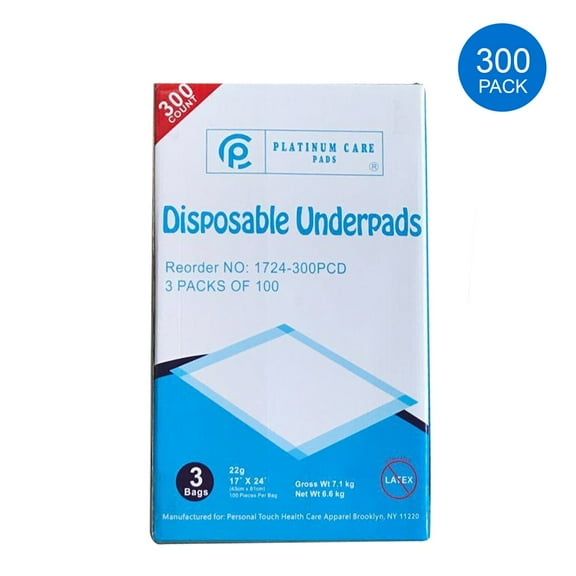 Platinum Care Pads Disposable Underpads Size 17"x24" 22 Gram 300 Case (3 bags of 100)