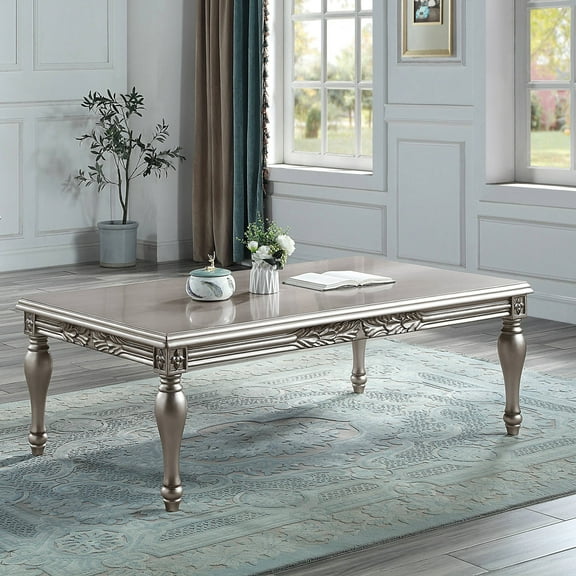 Platinum Coffee Table - 20" H X 59" W 34" D, Solid Wood + , Intricate Floral , Fits Primary Living Area Rectangular With Classic Turned Legs 34", Detail