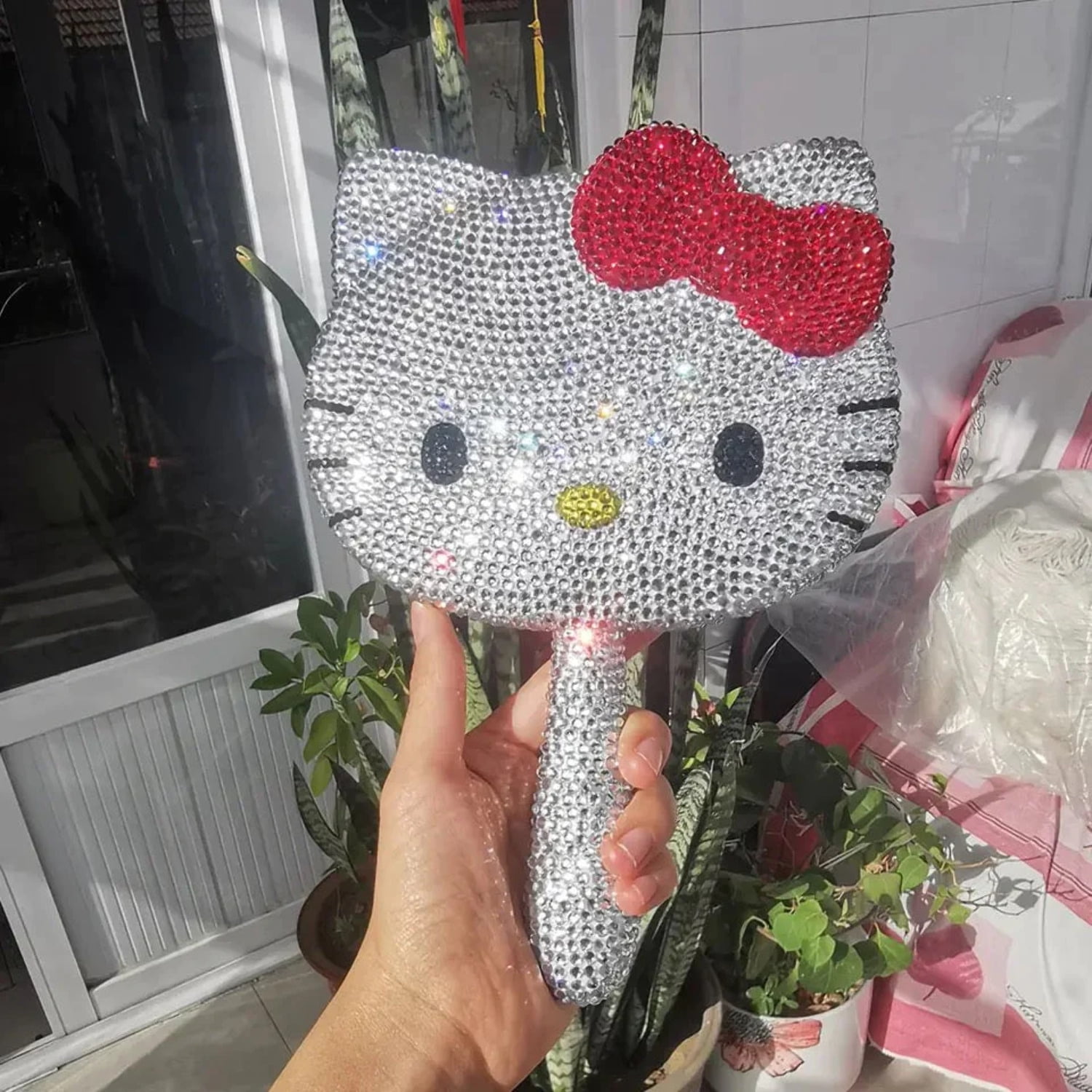 Platinum Diamond Rhinestone Handheld Hello Kitty Mirror