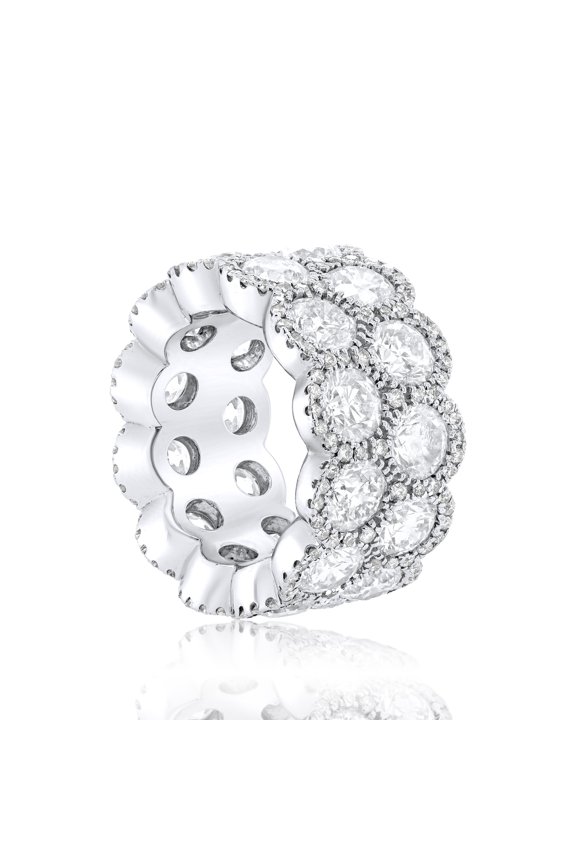 Platinum Double Eternity Band With Halo Setting, Features 12.06Ct Of 24 Round Dimaonds And 1.20Ct Of Micropave Round Diamonds.