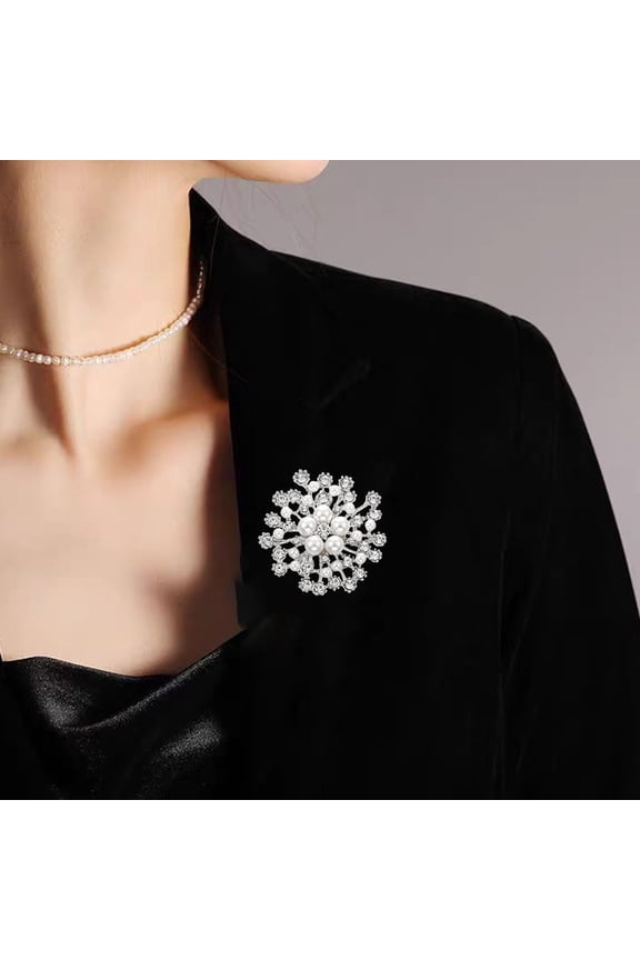 Platinum Flower Rhinestone Brooch 45x45mm Alloy Floral Jewelry Pin Elegant Blazer Coat Dress Accessory with Imitation Pearl for Women Clothes Backpack Metal Platinum