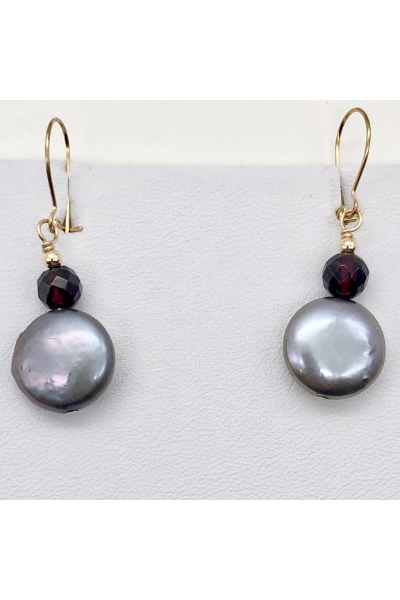 Platinum Freshwater Coin Pearl and Garnet 14kgf Dangling Earrings | 1 3/8 Inch |
