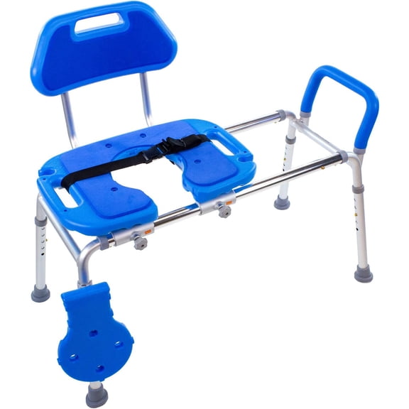 Platinum Health Sliding Shower Chair Premium Heavy Duty, Padded Bathtub Transfer Bench with Cut Out Seat, for Bath Tub, Adjustable Legs, and Safety Belt, Quick Tool-Less Assembly