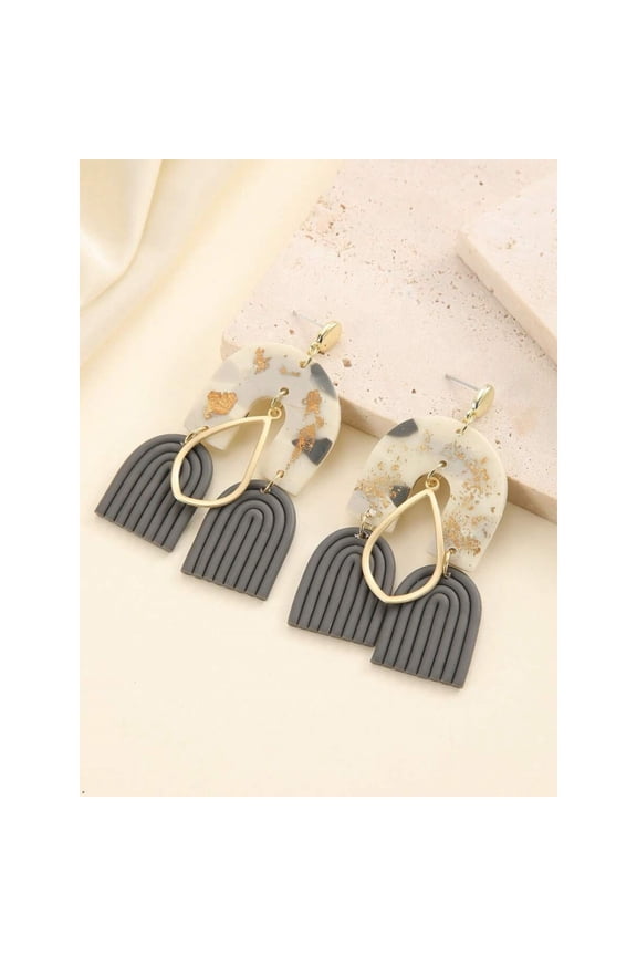 Platinum Leaf + Dark Gray Abstract Double Arch Polymer Clay Drop Earrings With Ribbed Texture And Goldtone Teardrop Accent