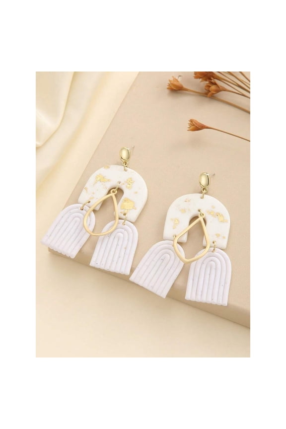 Platinum Leaf + Pure White Abstract Double Arch Polymer Clay Drop Earrings With Ribbed Texture And Goldtone Teardrop Accent