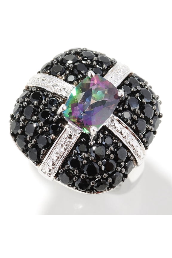 Platinum O/ Silver 4.63Ctw Mystic Topaz & Black Spinel Ring