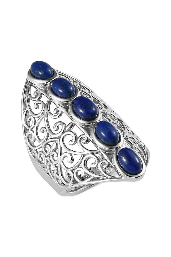 Platinum Plated 5 Stone Lapis Lazuli Ring for Women Openwork Statement Jewelry Birthday Christmas Gifts for Women Size 5