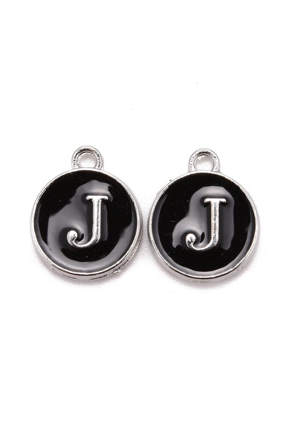 Platinum Plated Alloy Charms Cadmium Free Lead Free with Enamel Enamelled Sequins Flat Round with Letter Letter.J 14x12x2mm Hole: 1.5mm