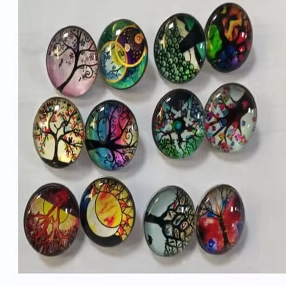 Platinum Plated Brass Jewelry Snap Buttons with Glass Cabochons Half Round/Dome Tree of Life Pattern 18.5x9mm Knob: 5.7mm 12pcs/set DIY
