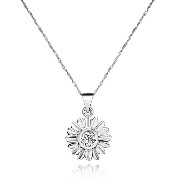Platinum Plated Daisy Flower Necklace Charm Round Cubic Zirconia Sunflower Pendant Choker Necklaces for Women Y900-Silver color